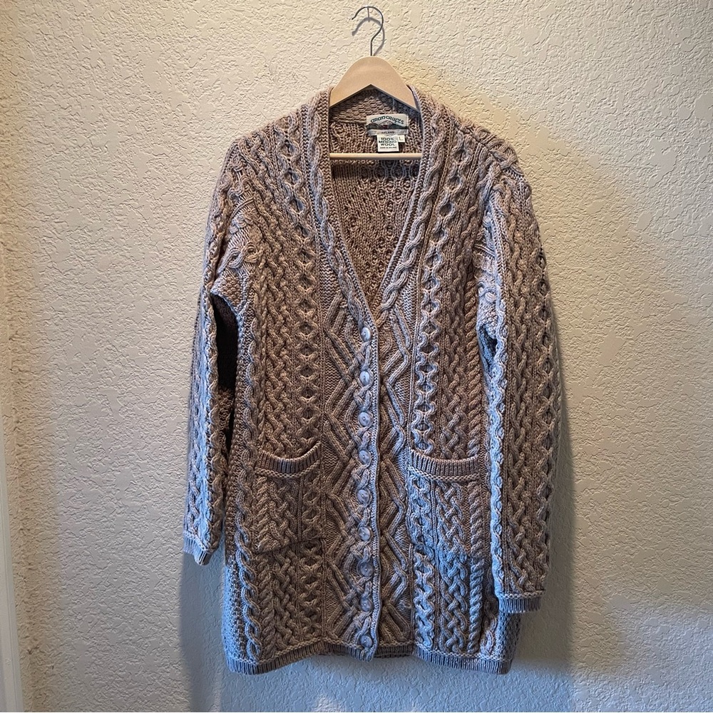 Aran Crafts beige cable/fisherman knit 100% merino wool button coatigan, size L
